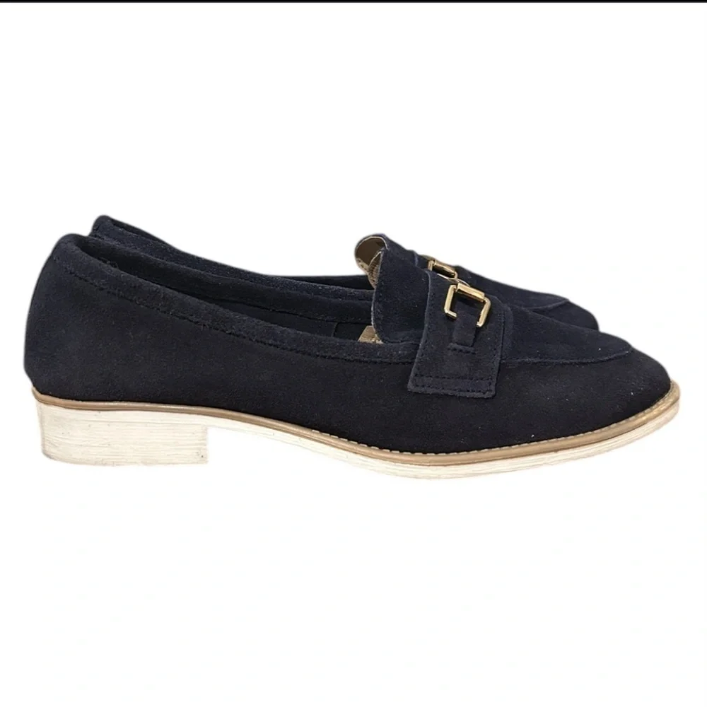 Enzo Tesoti Leather Suede Low Heel Loafer Sz 8.5 US (39 EU) Navy w/ Gold Accent